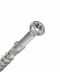 Close-up of Premium 305 Stainless Steel Trim Screws Size 8 X 2-1/2 Inch with star drive and extra sharp point for quick install.