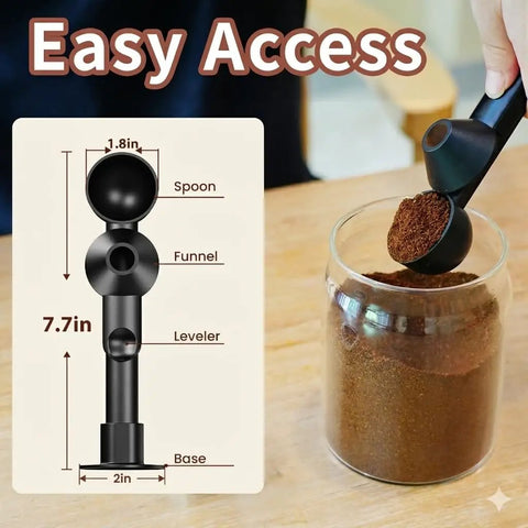 One-Handed Scoop With Funnel For Ground Coffee Protein Powder And Tea, 2 Tbsp Mess Free Pour, Spill Proof Funnel Keeps Spills In Check, Reusable K Cup Refiller Compatible, Black, 1 Pack shown with dimensions