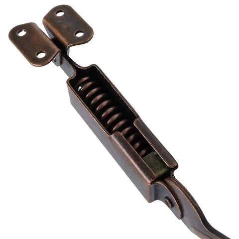 Close-up of Dual Direction Spring Lid Support Hinges for Cabinets, Boxes, Chests, Red Bronze Iron Finish, 2 Pack