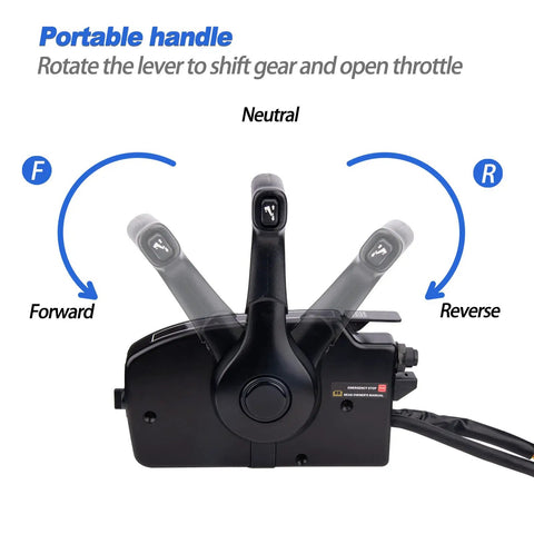 Right Hand Marine Throttle Remote Control Box Gen I Model 881170A15 with 15 Ft Cable shown in forward and reverse positions.