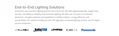 End-to-End Lighting Solutions overview with logos including AeroStart, Ballastar, DaliPro, Everline, and Panasonic.
