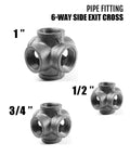 Three sizes of black 6 way side exit cross cast iron pipe fitting for vintage industrial DIY projects and furniture shelves.