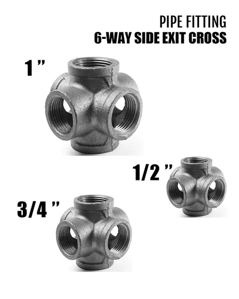 Three sizes of black 6 way side exit cross cast iron pipe fitting for vintage industrial DIY projects and furniture shelves.