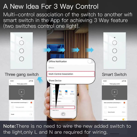 Diagram of 2.4GHz WiFi Wall Touch Smart Switch with Neutral Wire Required Three Way Glass Panel Light Switch system setup.