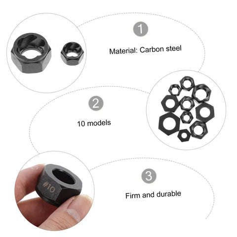 10-Piece Broken Nut Remover Set And Bolt Extractor Tools For Stubborn Nuts And Rusty Bolts, carbon steel, various sizes