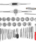 Super Durable 40 Piece Alloy Steel Tap And Die Set For Garage Repair With Metric NPT Taps Dies Wrenches Gauge Hand Threading Kit M3 To Max Size, set laid out