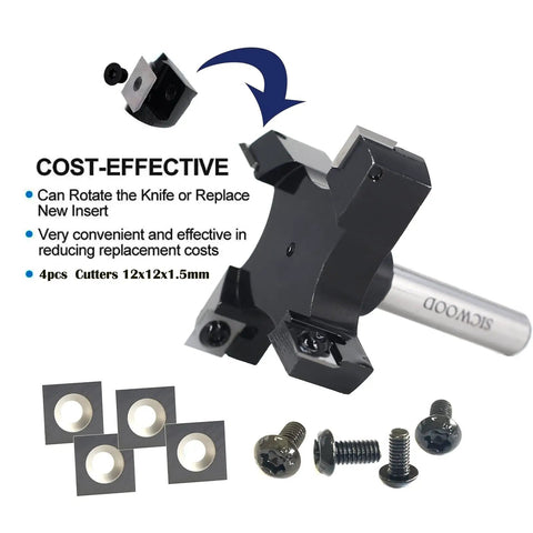 Top Shelf 1/2 Inch Shank Slab Flattening Router Bit With Massive 3 Inch Cutter and Reversible Carbide Inserts For CNC Spoilboard Surfacing Plus Zero Hassle Wood Planing Jobs, showing cutter and screws.