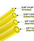 Four Feet Four Size Fuel Line Kit With Primer Bulb And Filter showing four yellow tubes with dimensions