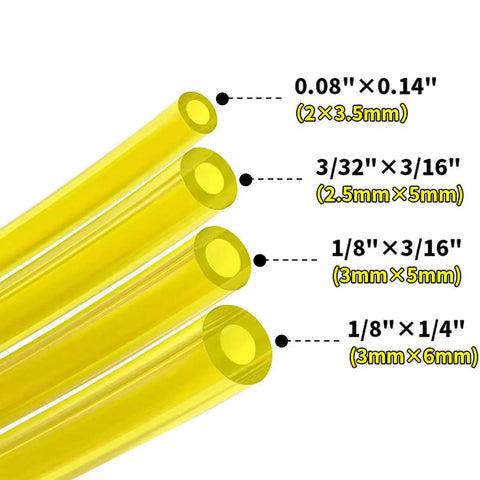 Four Feet Four Size Fuel Line Kit With Primer Bulb And Filter showing four yellow tubes with dimensions