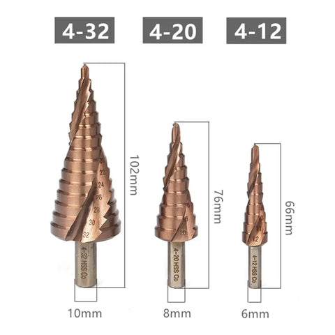 HSS M35 Cobalt Step Drill Bits With Tri Handle 4 To 20mm Spiral Groove Hex Shank For Stainless Steel And Metal Hole Sawing Kit, 4-20mm