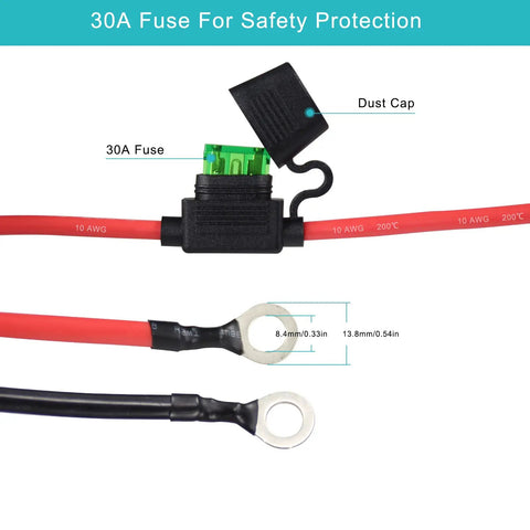Heavy Duty Beefy 10 AWG SAE to O Ring Terminal Harness Includes Inline 30A Fuse Quick Connect Plug and ring terminals.