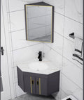 Slap This Corner Bathroom Vanity Sink Set On Your Wall With Smooth Ceramic Vessel Basin And Sleek Mirror, compact gray cabinet with a vessel sink.