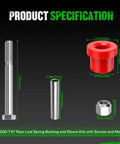 Product specifications of Beefed Up Heavy Duty Steel Plate Bushing Kit with red and silver components and measurements.