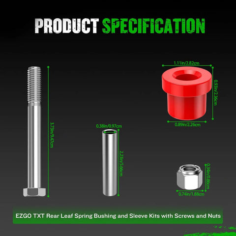 Product specifications of Beefed Up Heavy Duty Steel Plate Bushing Kit with red and silver components and measurements.