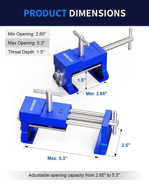 Heavy Duty Cabinet Clamps 4 Pack With Built In Drill Guide And EVA Protection, cast steel, blue, adjustable dimensions shown