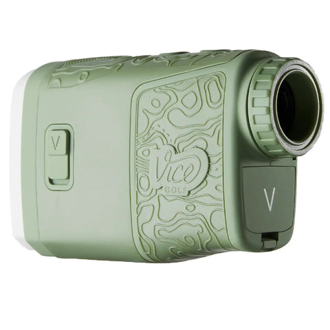 Side view of green Horizon Golf Laser Rangefinder With External Slope Switch For On Course Play, 900 Yard Range, 6x Magnification