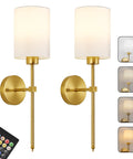 Wireless Battery Operated Wall Sconce Set Of Two With Timer, Dimmable 4CCT And RGB Accent Light For Bedroom, gold finish with white shades.
