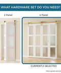 Gold Finish Bifold Barn Door Hardware Kit For 64 Inch Closet Pro Grade Heavy Gauge Aluminum Sliding Bi Fold Track System For Four 15 Inch Panels Includes Four Rollers And Matching Knobs Hardware Only, showing installed 4-panel and 2-panel options.