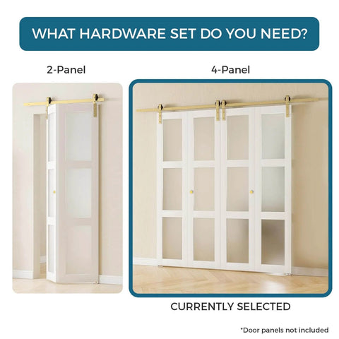 Gold Finish Bifold Barn Door Hardware Kit For 64 Inch Closet Pro Grade Heavy Gauge Aluminum Sliding Bi Fold Track System For Four 15 Inch Panels Includes Four Rollers And Matching Knobs Hardware Only, showing installed 4-panel and 2-panel options.