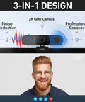 Game Changing 3 In 1 Webcam With 2K HD Autofocus And Noise Cancelling Mic Plus Crisp Stereo Speaker For Laptop Or PC Monitor, showing camera and speaker features.