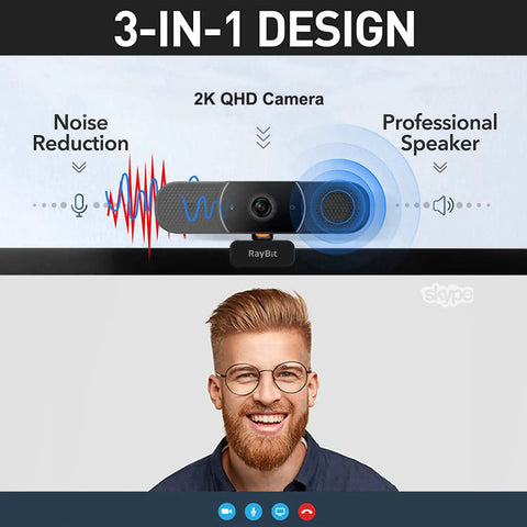 Game Changing 3 In 1 Webcam With 2K HD Autofocus And Noise Cancelling Mic Plus Crisp Stereo Speaker For Laptop Or PC Monitor, showing camera and speaker features.