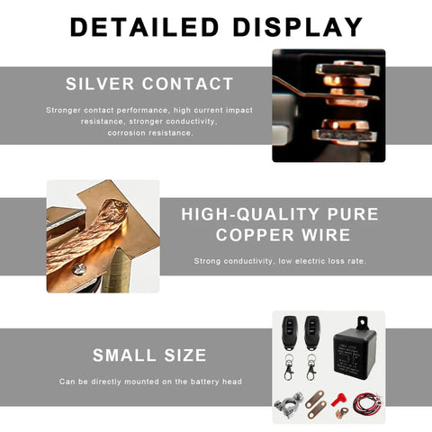 Detailed display of Wireless Remote Battery Disconnect Switch 12V Top Post Negative Kill Switch 200A with copper wire and components.