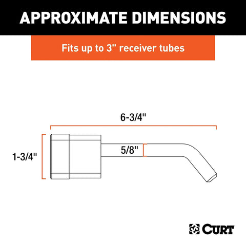 Diagram of Heavy Duty Five Eighths Inch Hitch Lock Pin with dimensions for trailers and ball mounts, fits up to 3 inch receiver.