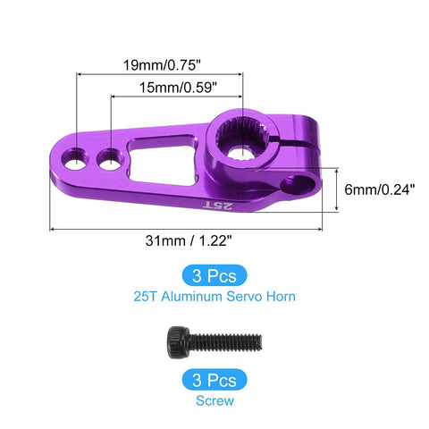 Three Pack Aluminum 25T Steering Servo Arm Horn Set For DIY RC Cars Boats And Planes, 31mm Length, 7mm Thick, 3mm Holes, High Torque Coreless Servo Accessory In Purple. Purple 25T aluminum servo horn with 31mm length and screw