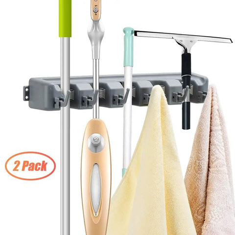 Two Pack 16 Inch Broom Mop Holder Garage Storage Organizer With Five Racks And Six Hooks Adjustable Wall Mounted Tool Holder