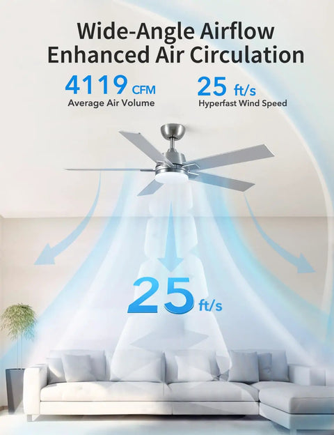 52 Inch Ceiling Fan With Lights And Remote, 6 Speed Reversible DC Motor, 3CCT Dimmable LED, Brushed Nickel Modern Fan installation view