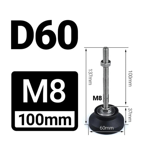 Heavy Duty Adjustable Leveling Feet With Swivel Base And Rubber Bottom For Wobbly Furniture Workbench And Machinery M8 M10 M12 Thread with dimensions.