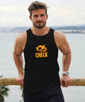 Men's Check Engine Mechanic Workout Tank Top, Black Sleeveless Gym Shirt worn by a man against a waterfront backdrop.