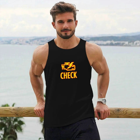 Men's Check Engine Mechanic Workout Tank Top, Black Sleeveless Gym Shirt worn by a man against a waterfront backdrop.