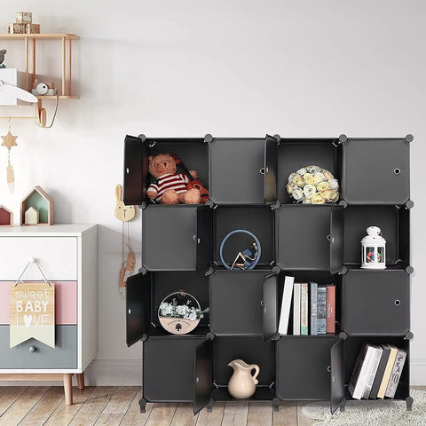 16 Cube Storage Organizer With Doors DIY Modular Book Shelf Cubby System For Living Room, Bedroom, And Office Plastic Closet