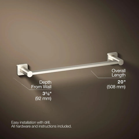 Parallel 18 Inch Towel Bar In Vibrant Brushed Nickel Finish For A Cool Modern Bathroom Vibe Durable Stainless Steel Wall Mounted Towel Holder With Clean Lines And Everyday Convenience, measurements shown