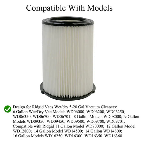 VF4000 Replacement Filter For Ridgid And Husky Wet Dry Vacuums 5 To 20 Gallon Vacuums 2 Pack displayed against compatibility list