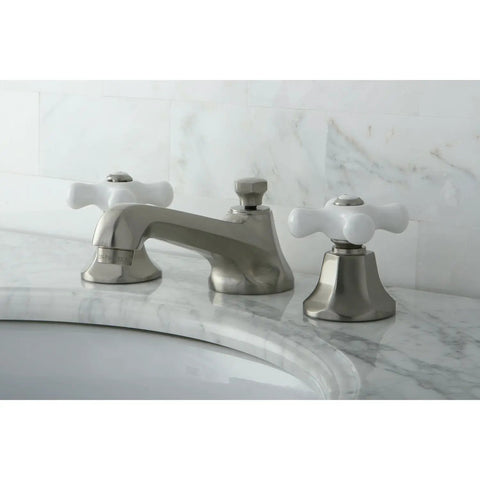 New York 8 to 16 Inch Widespread Lavatory Faucet With Brass Pop Up Drain No Drip Ceramic Disc Cartridge Satin Nickel Finish