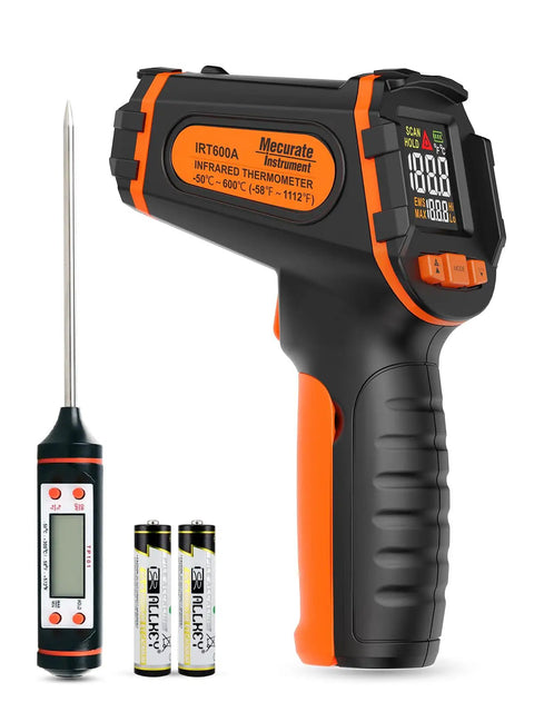 Infrared Thermometer Gun With Adjustable Emissivity And Long Meat Probe, Pro-Grade Tool For Cooking, BBQ, Freezer And Industrial Use, Reads From Minus 58 To 1112 Degrees Fahrenheit, Max Min Hold, 13 Point Laser Guidance with meat probe and batteries