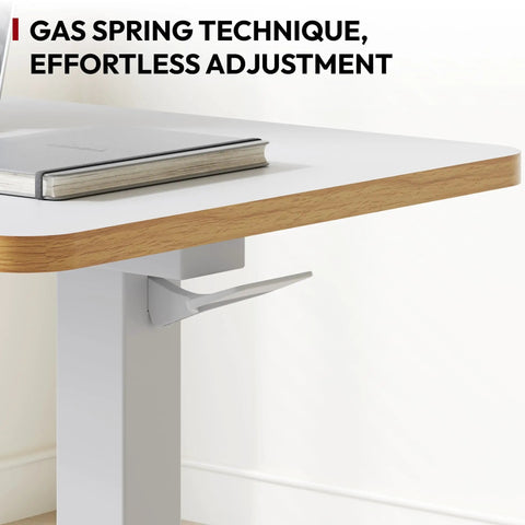 Overbed Table With Pneumatic Lift, Adjustable Height 26 To 41.7 Inches, Hidden Casters, Mobile Laptop Desk With Tray, showing gas spring adjustment.
