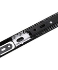 Heavy Duty 3 Section Ball Bearing Drawer Slides With Snappy Quick Release, close-up of side mount black metal track with steel components.
