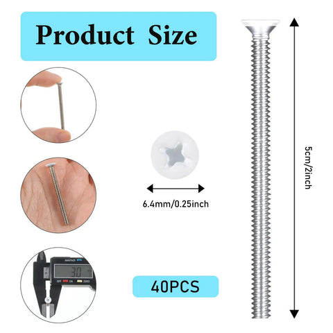 Forty Pack Super Long Outlet Screws Two Inch Flat Head White Painted Stainless Steel Machine Threads For Electric Box Hardware Quick Fix Wonky And Sunken Wall Plates Built Tough with product sizes shown.