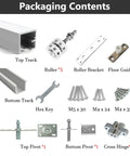 Heavy Duty Folding Sliding Barn Door Hardware Kit Featuring Adjustable Aluminum Top And Bottom Track Rollers For Slick Interior Door Glide Plus No Sweat DIY Install Setup parts including top track, rollers, brackets, and screws.