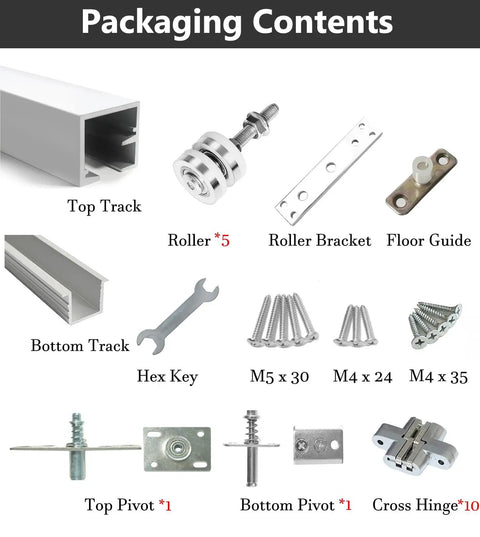 Heavy Duty Folding Sliding Barn Door Hardware Kit Featuring Adjustable Aluminum Top And Bottom Track Rollers For Slick Interior Door Glide Plus No Sweat DIY Install Setup parts including top track, rollers, brackets, and screws.
