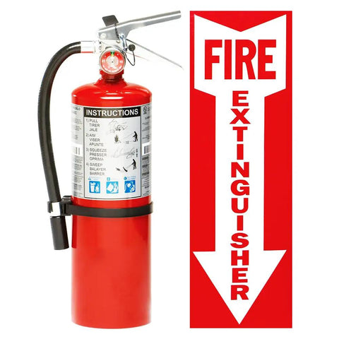 Heavy Duty 5 Pound Refillable Class A B C Fire Extinguisher Ships With Tough Wall Mount Steel Cabinet Plus Warning Tag displayed with instructions.