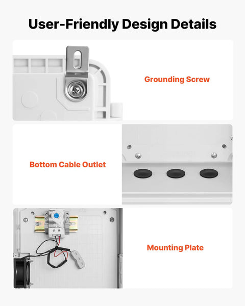 Tough-As-Nails Outdoor Electrical Box With ABS Housing Waterproof IP65 Enclosure Built-In Thermostat And Cooling Fan Ventilated Junction Box With Mounting Plate And Cable Grommets For Indoor And Outdoor Use, white, grounding screw and cable outlet