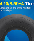 4.10/3.50-4 Replacement Inner Tube With Bent Valve Stem, 10 Inch Outer Diameter, Fits Wheelbarrows Hand Trucks Lawn Mowers Generators And More, Ideal For 4 Inch Rims Beefy Heavy Duty Puncture Resistant Tubes, showing tire surface and markings