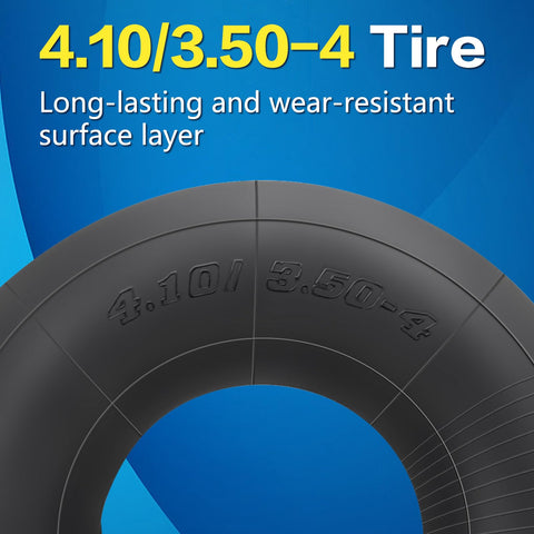 4.10/3.50-4 Replacement Inner Tube With Bent Valve Stem, 10 Inch Outer Diameter, Fits Wheelbarrows Hand Trucks Lawn Mowers Generators And More, Ideal For 4 Inch Rims Beefy Heavy Duty Puncture Resistant Tubes, showing tire surface and markings
