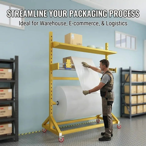Heavy Duty Packing Station With Upgraded Cutter And Steel Bubble Roll Dispenser Stand Mobile Shipping Prep Cart Built Tough for the Daily Grind and Ecommerce Shipments in a warehouse setting.