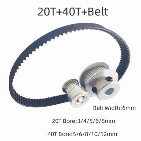 Kickstart Your Build With This Killer 1Pc GT2 Timing Pulley Set Featuring A Perfect 20T To 40T Gear Ratio For Smooth 2:1 Speed Reduction Plus Built-In Tension Wheel And Bore Sizing From 3Mm Up To 12Mm For Any Stepper Motor Setup. GT2 belt and two aluminum pulleys, 6mm belt width, 20T/40T bores