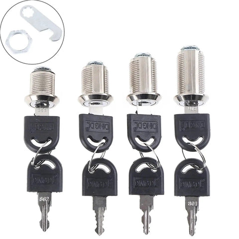 Four silver keyed cam cylinder locks with two keys each, suitable for cabinets, drawers, mailboxes, and secure storage uses.